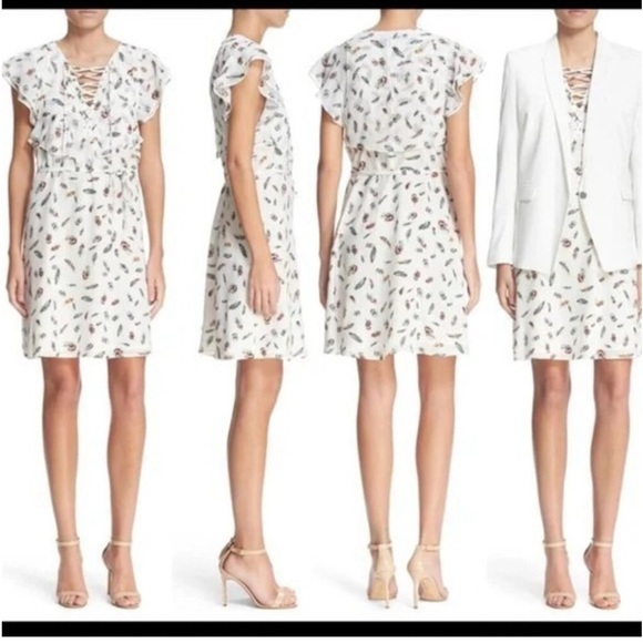 The Kooples Silk Flounce Ruffle Sleeve Feather Mini Dress - Picture 6 of 13